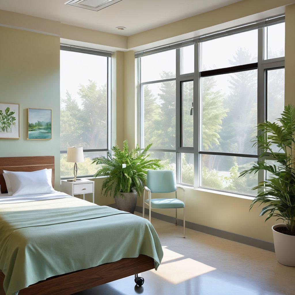 A serene hospital room with large windows allowing for natural sunlight, featuring soft pastel colors and nature-inspired artwork. Include a comfortable bed with cozy linens, plants, and a soothing water feature, symbolizing healing and tranquility. Show a smiling patient with family members, evoking a sense of support and hope. super-realistic. vibrant colors. calming atmosphere.