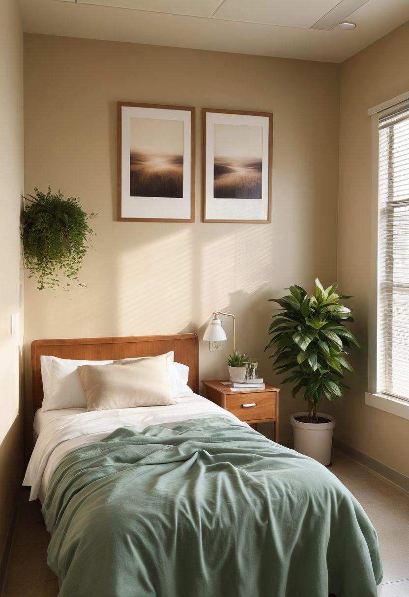 A serene hospital room featuring a cozy, stylish hospital bed with plush bedding, soft pillows, and a soothing color palette. Include comforting decor elements like calming artwork on the walls, a small plant, and a comfortable armchair for visitors. Natural light streams in through large windows, creating an inviting atmosphere. Illustrate a balance of functionality and aesthetics highlighting patient comfort. super-realistic. warm tones. soft lighting.